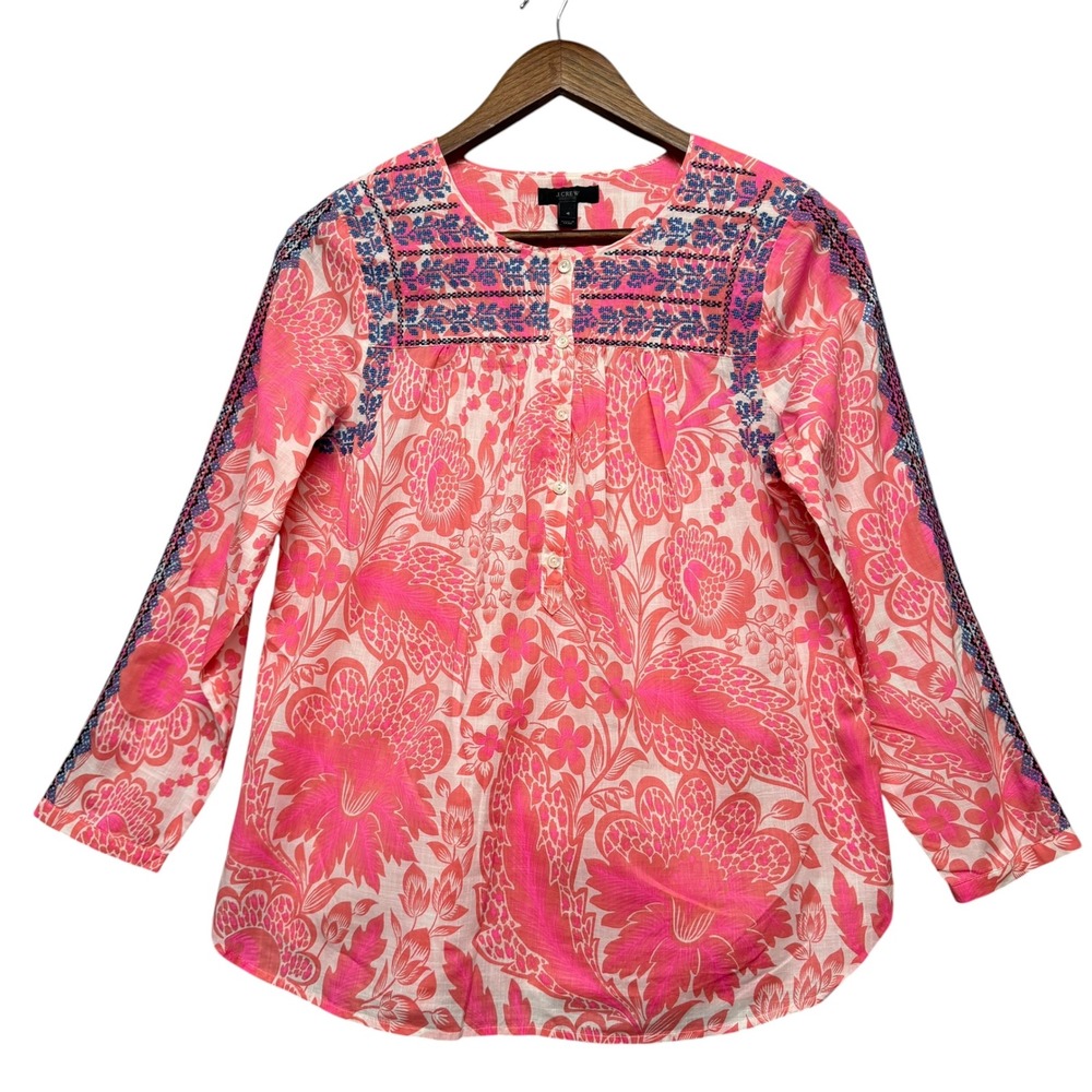 J.Crew Womens 4 Tunic Top Pink Floral‎ Embroidered Boho Peasant Prairie Feminine